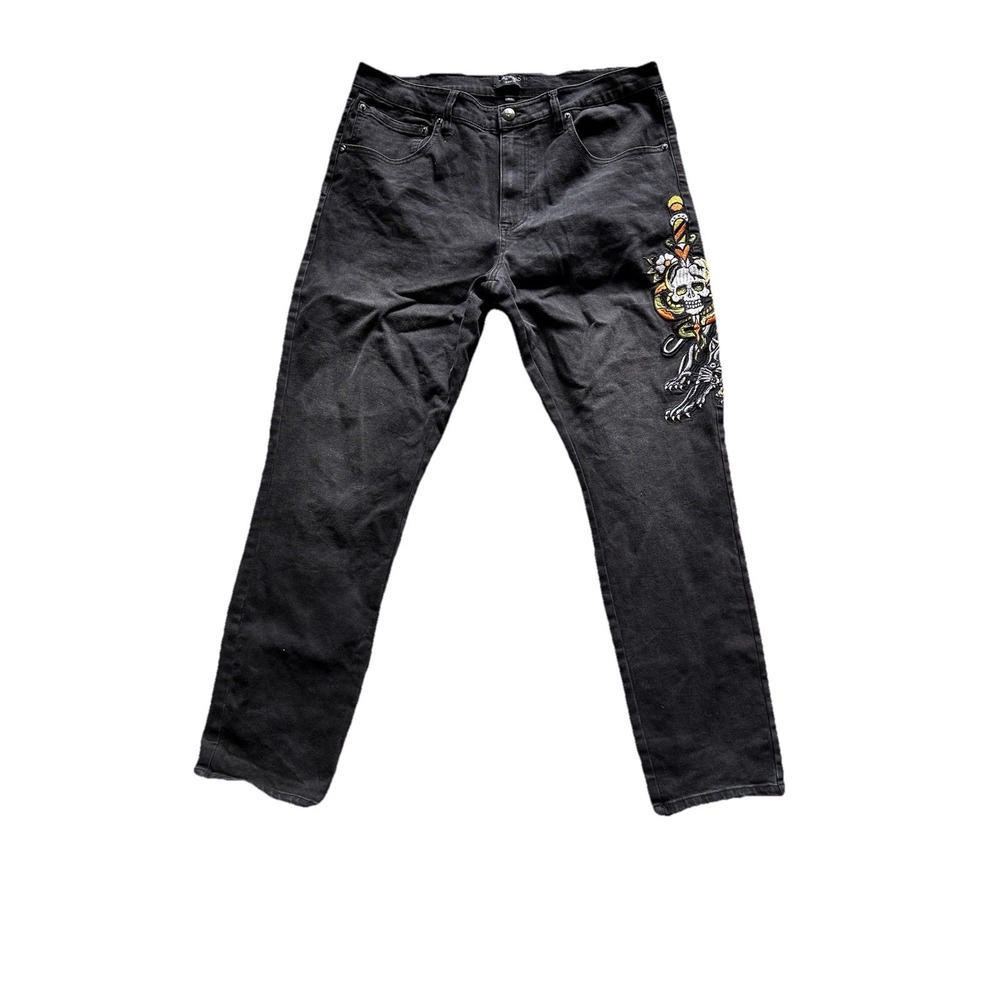 Ed Hardy Jeans Mens 38 Black Skull Snake Embroidered Y2K Tattoo Denim Street - Picture 2 of 11
